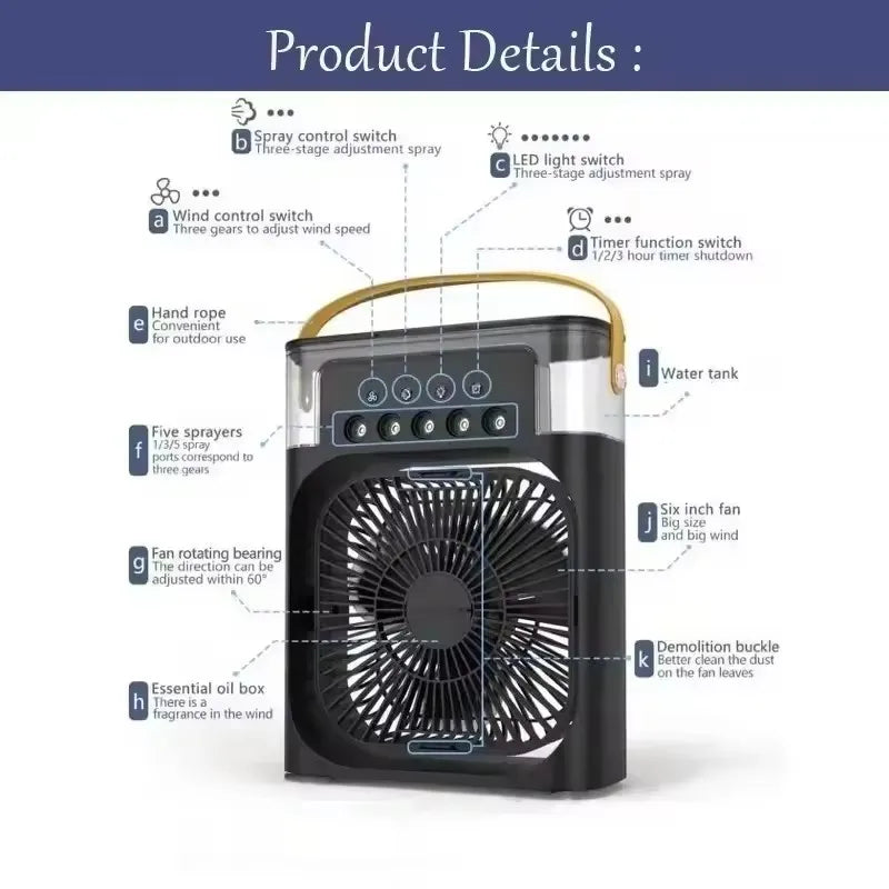 ❄️ Ventilateur Mini Climatiseur 3-en-1 Portable – Humidificateur & Lumière LED