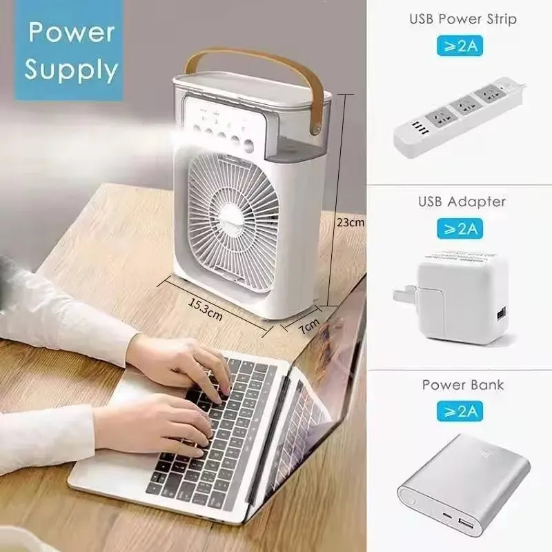 ❄️ Ventilateur Mini Climatiseur 3-en-1 Portable – Humidificateur & Lumière LED