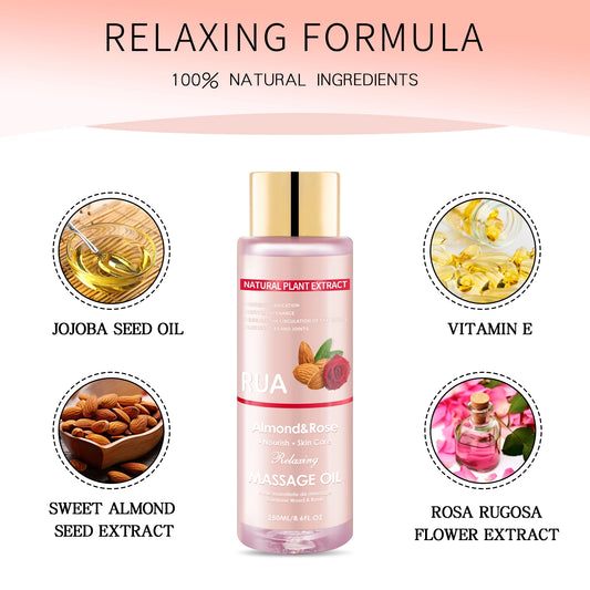 🌿 Huile de Massage Relaxante 255 ml – Amande & Rose | Hydratante & Apaisante